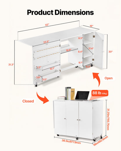VEVOR Folding Sewing Table, Multipurpose Sewing Machine Table with Cabinet, Compact Design, Wheels, Wooden Pegs, Storage Trays and Shelf, Magnetic Door, Craft Station and Side Desk for Home, White - FRZJYXXKZDHJKO35F001V0 - view 3