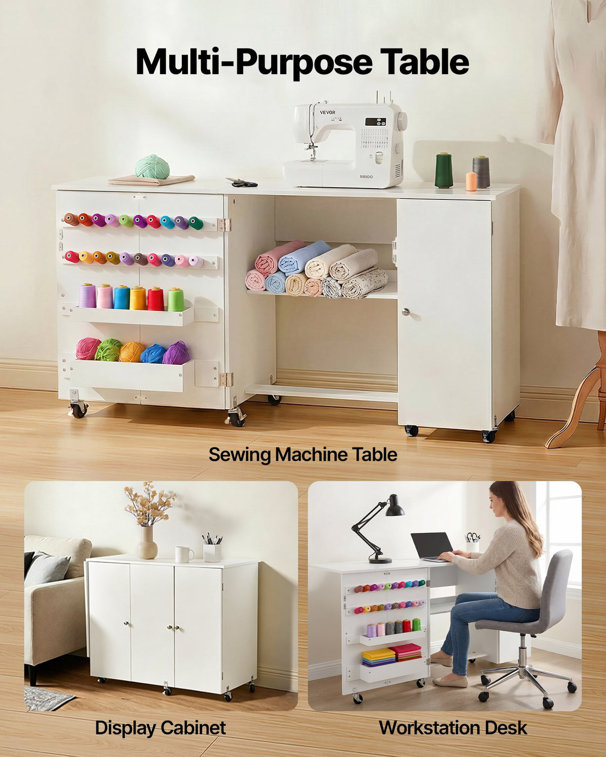 VEVOR Folding Sewing Table, Multipurpose Sewing Machine Table with Cabinet, Compact Design, Wheels, Wooden Pegs, Storage Trays and Shelf, Magnetic Door, Craft Station and Side Desk for Home, White - FRZJYXXKZDHJKO35F001V0 - view 5