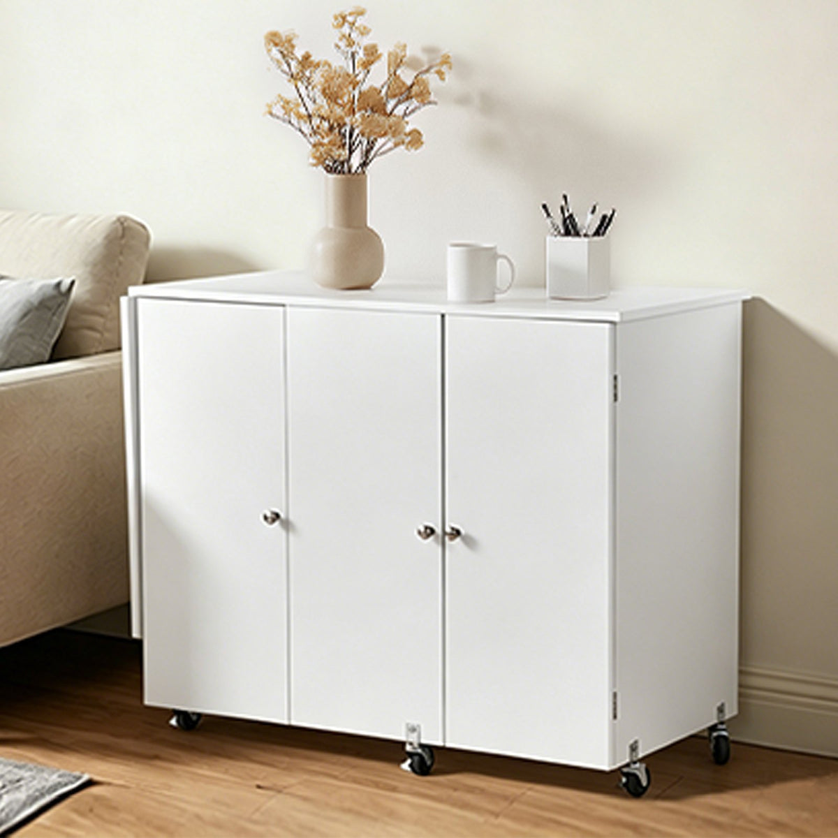 VEVOR Folding Sewing Table, Multipurpose Sewing Machine Table with Cabinet, Compact Design, Wheels, Wooden Pegs, Storage Trays and Shelf, Magnetic Door, Craft Station and Side Desk for Home, White - FRZJYXXKZDHJKO35F001V0 - view 9