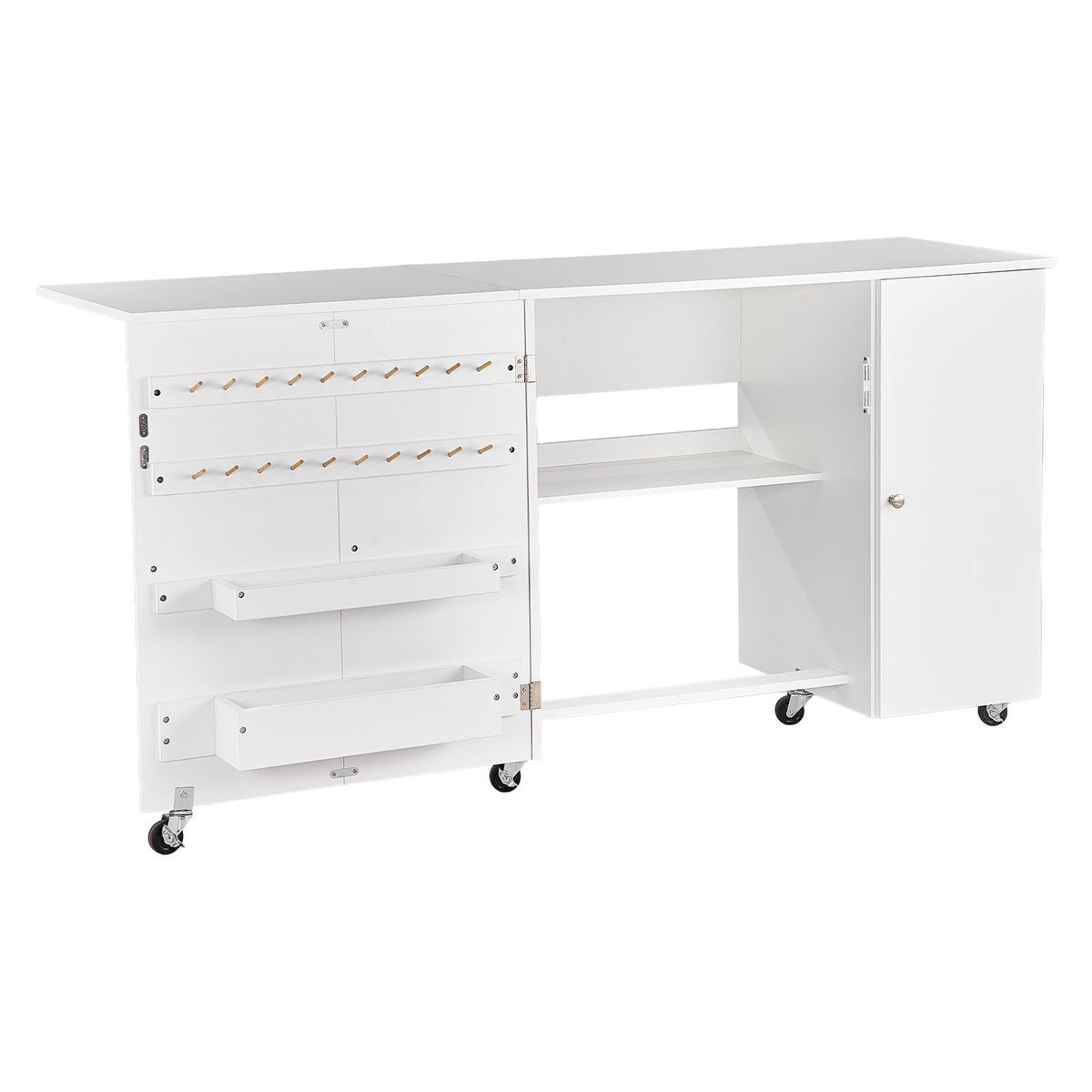 VEVOR Folding Sewing Table, Multipurpose Sewing Machine Table with Cabinet, Compact Design, Wheels, Wooden Pegs, Storage Trays and Shelf, Magnetic Door, Craft Station and Side Desk for Home, White - FRZJYXXKZDHJKO35F001V0 - view 10
