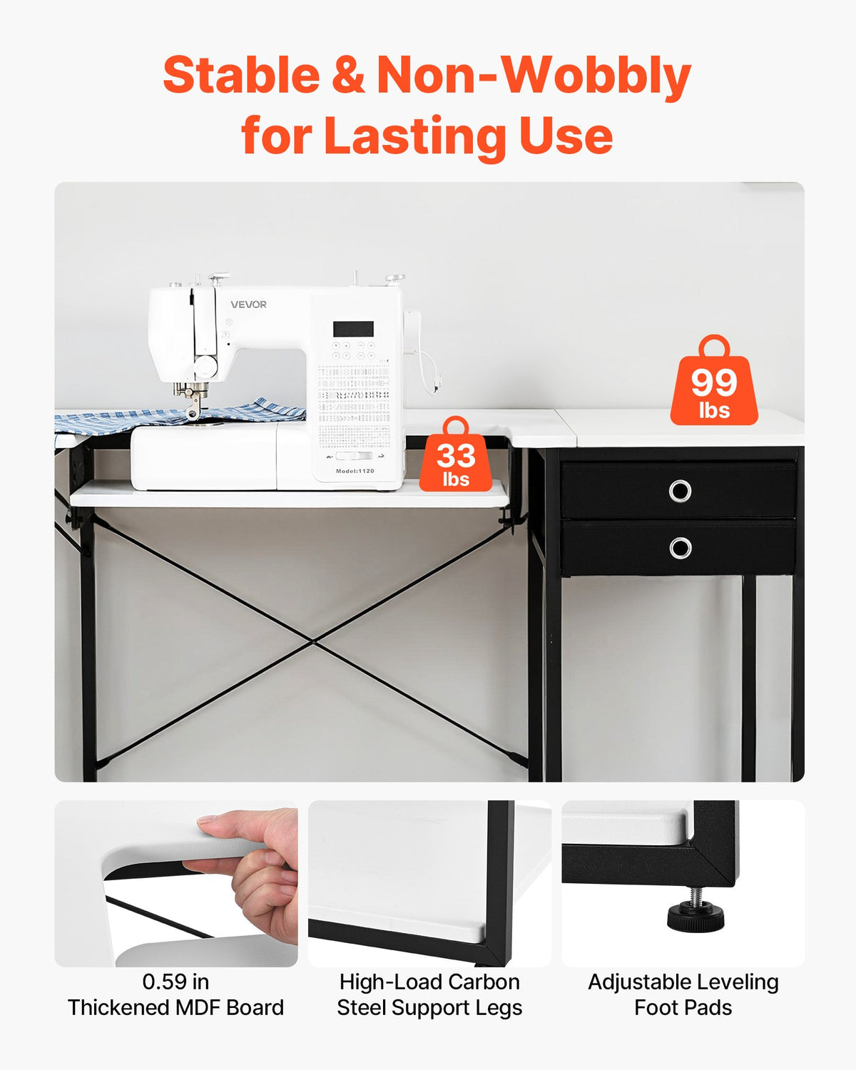 VEVOR Sewing Table, Multipurpose Sewing Machine Table with Drawers, Foldable Side Shelf, Adjustable Shelf, Steel Legs, Computer Desk for Home, Fashion Studio, Art Studio, Educational Institution - FRZJYXXKZDHSQSZHC001V0 - view 4