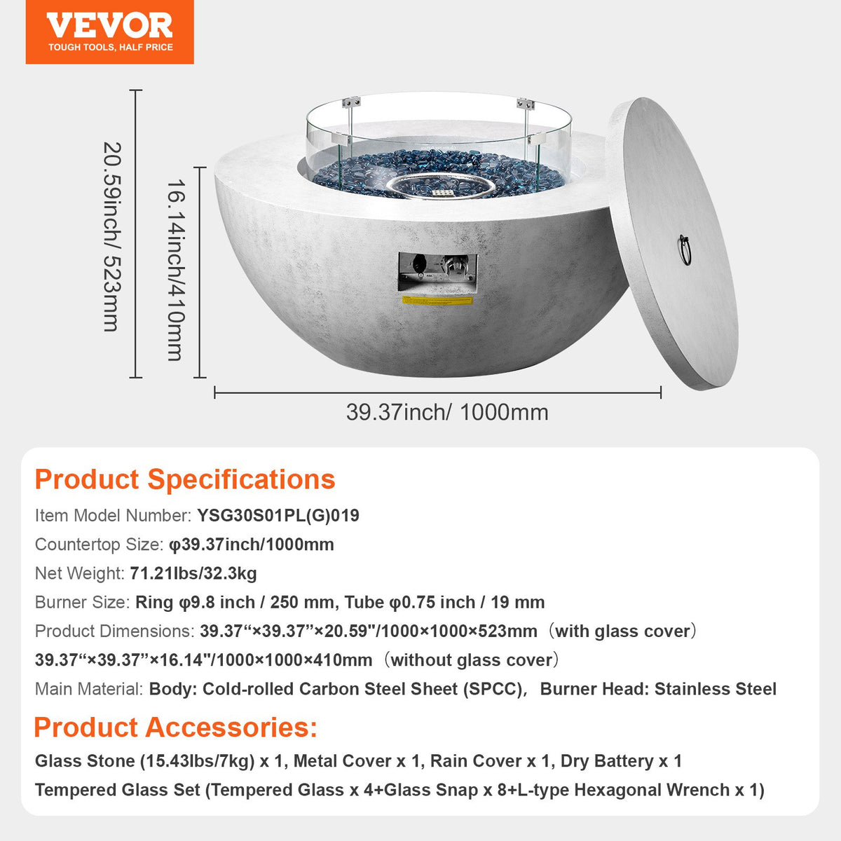 VEVOR Propane Fire Pit, Outdoor Concrete Gas Fire Pit, 39 in Tabletop with Lava Rocks, Lid,Rain Cover,Adjust Flame Height Camping Firepit for Heating, Lighting, 50000 BTU - FSNRQHK42YCY8GDSKV9 - view 8