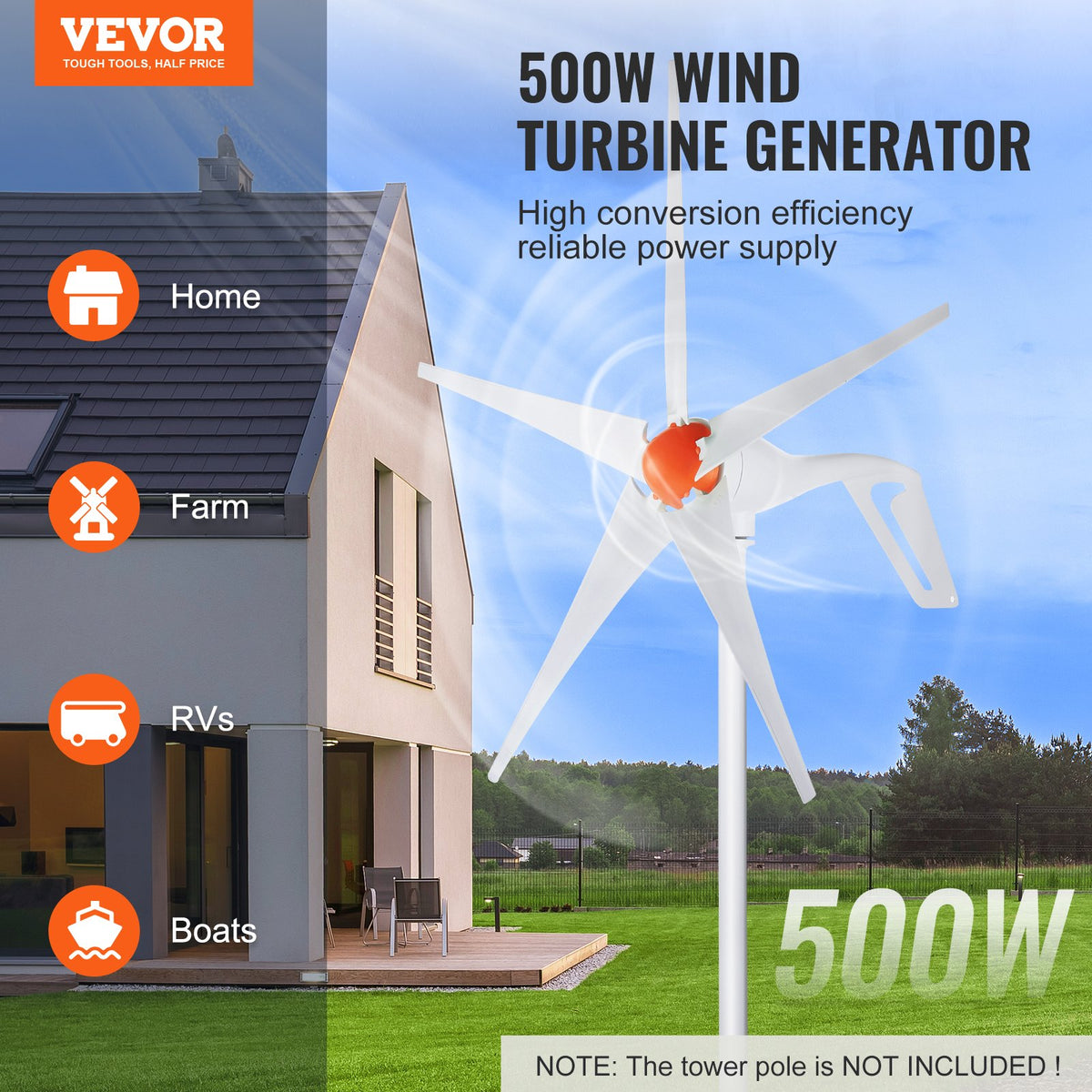 VEVOR 500W Wind Turbine Generator, 12V Wind Turbine Kit, 5-Blade Wind Power Generator with MPPT Controller, Adjustable Windward Direction & 2.5m/s Start Wind Speed, Suitable for Home, Farm, RVs, Boats - FSSFLWLFDJ4078Z0GV9 - view 3