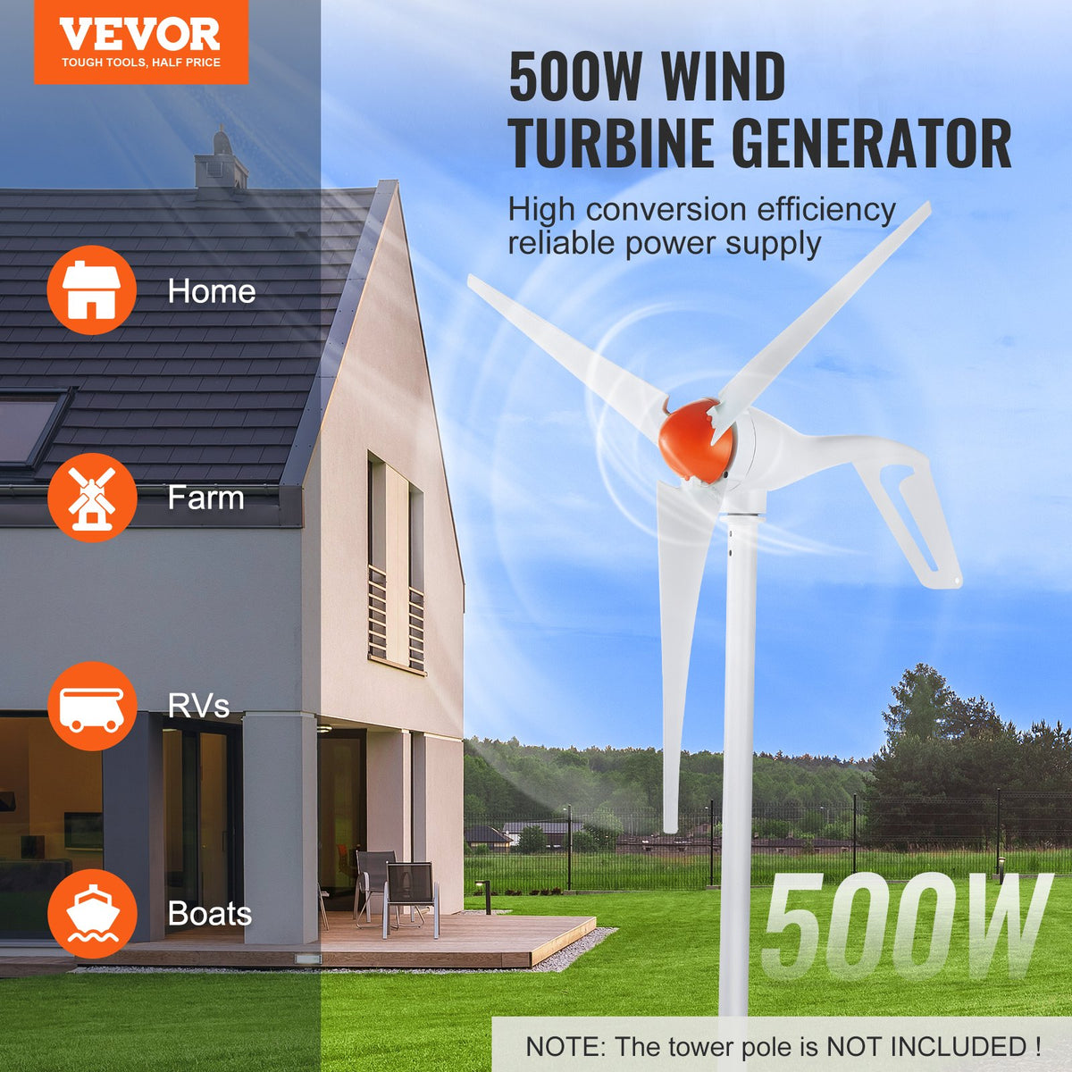 VEVOR 500W Wind Turbine Generator, 12V Wind Turbine Kit, 3-Blade Wind Power Generator with MPPT Controller, Adjustable Windward Direction & 2.5m/s Start Wind Speed, Suitable for Home, Farm, RVs, Boats - FSSFLWLFDJ40F58LIV9 - view 3