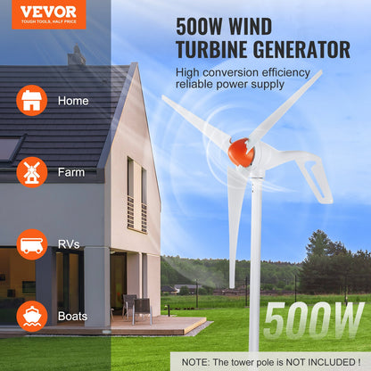 VEVOR 500W Wind Turbine Generator with Anemometer, 12V Wind Turbine Kit, 3-Blade Wind Power Generator, MPPT Controller & Adjustable Windward Direction, Suitable for Home, Farm, RVs, Boats - FSSFLWLFDJ40N69K2V9 - view 3