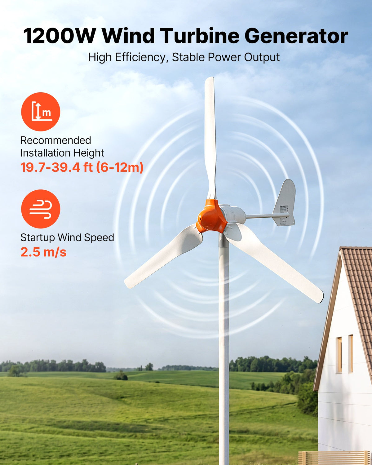 VEVOR 1200W 24V Wind Turbine Generator, 3-Blade Wind Turbine Kit with Wind/Solar Hybrid Controller