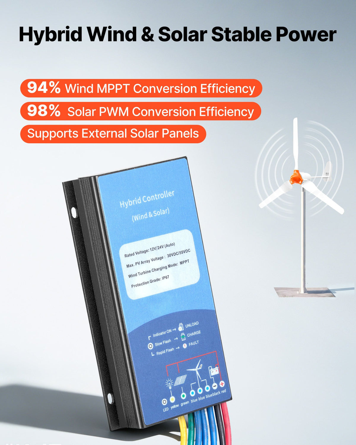 VEVOR 1200W 24V Wind Turbine Generator, 3-Blade Wind Turbine Kit with Wind/Solar Hybrid Controller
