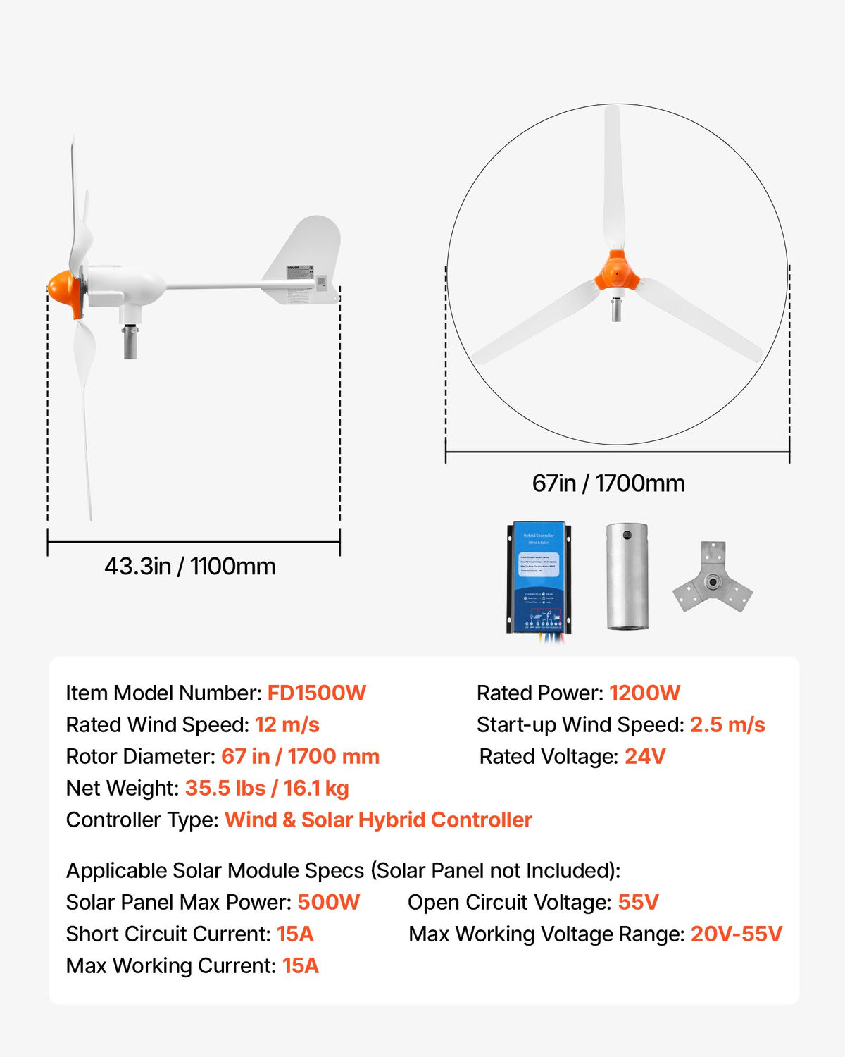 VEVOR 1200W 24V Wind Turbine Generator, 3-Blade Wind Turbine Kit with Wind/Solar Hybrid Controller