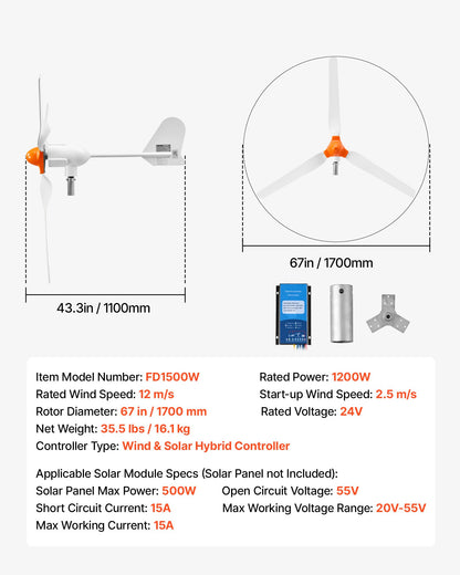 VEVOR 1200W 24V Wind Turbine Generator, 3-Blade Wind Turbine Kit with Wind/Solar Hybrid Controller