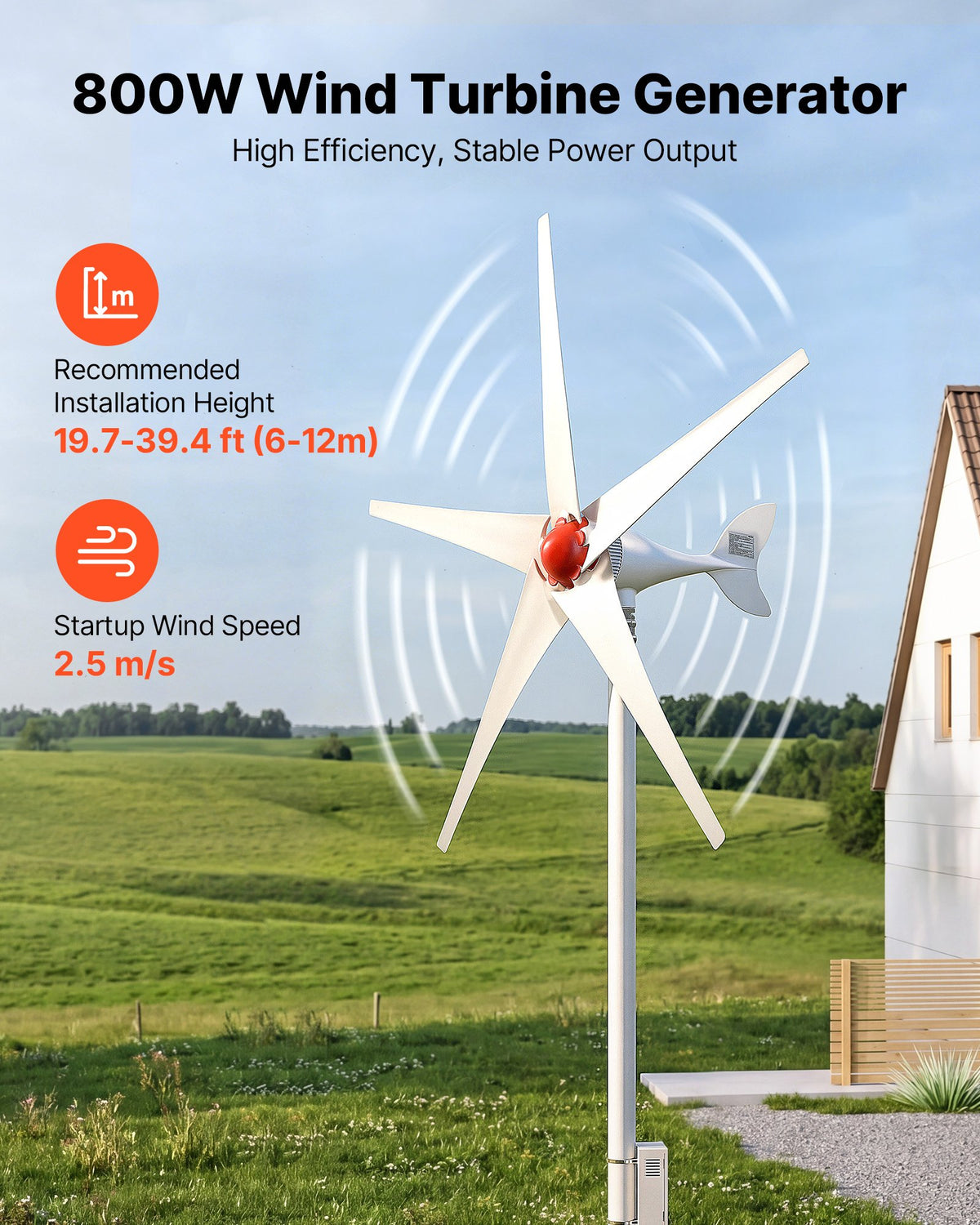 VEVOR 800W 12V Wind Turbine Generator, 5-Blade Wind Turbine Kit with Wind & Solar Hybrid Controller