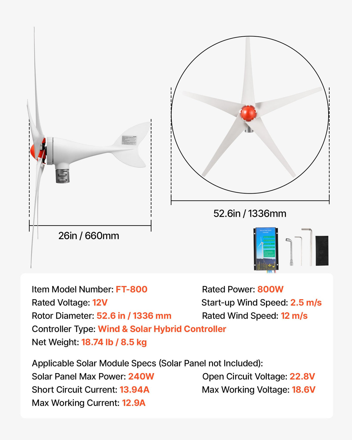 VEVOR 800W 12V Wind Turbine Generator, 5-Blade Wind Turbine Kit with Wind & Solar Hybrid Controller