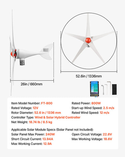VEVOR 800W 12V Wind Turbine Generator, 5-Blade Wind Turbine Kit with Wind & Solar Hybrid Controller