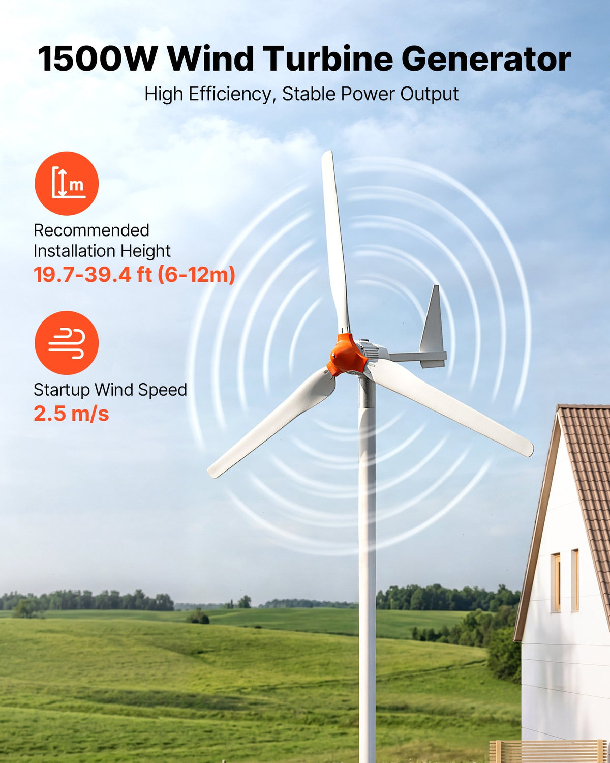 VEVOR 1500W 24V Wind Turbine Generator, 3-Blade Wind Turbine Kit with Wind/Solar Hybrid Controller
