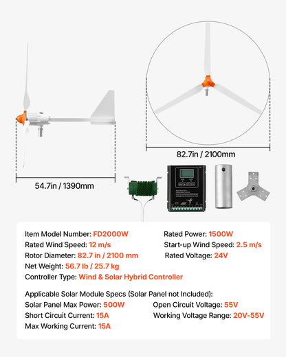 VEVOR 1500W 24V Wind Turbine Generator, 3-Blade Wind Turbine Kit with Wind/Solar Hybrid Controller