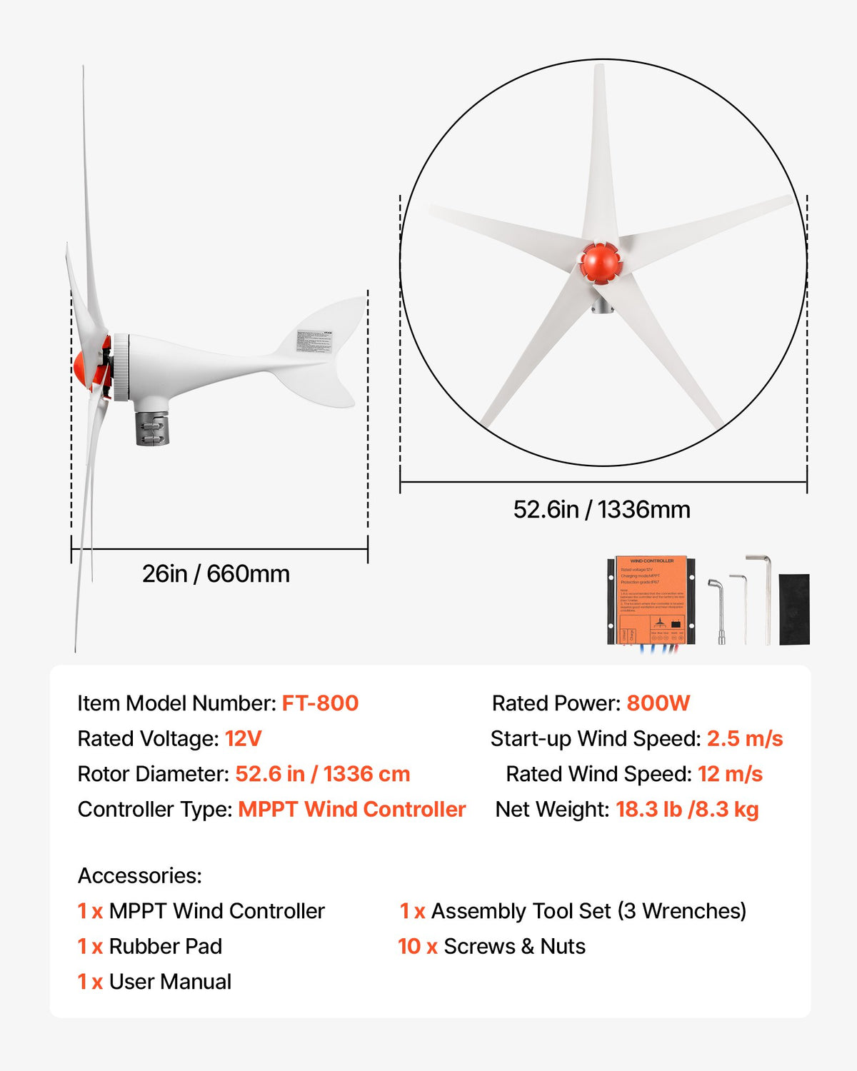 VEVOR 800W 12V Wind Turbine Generator, 5-Blade Wind Turbine Kit with MPPT Controller, High-Efficiency 3-Phase AC Permanent Wind Power Generator for RVs, Boats