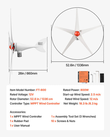 VEVOR 800W 12V Wind Turbine Generator, 5-Blade Wind Turbine Kit with MPPT Controller, High-Efficiency 3-Phase AC Permanent Wind Power Generator for RVs, Boats