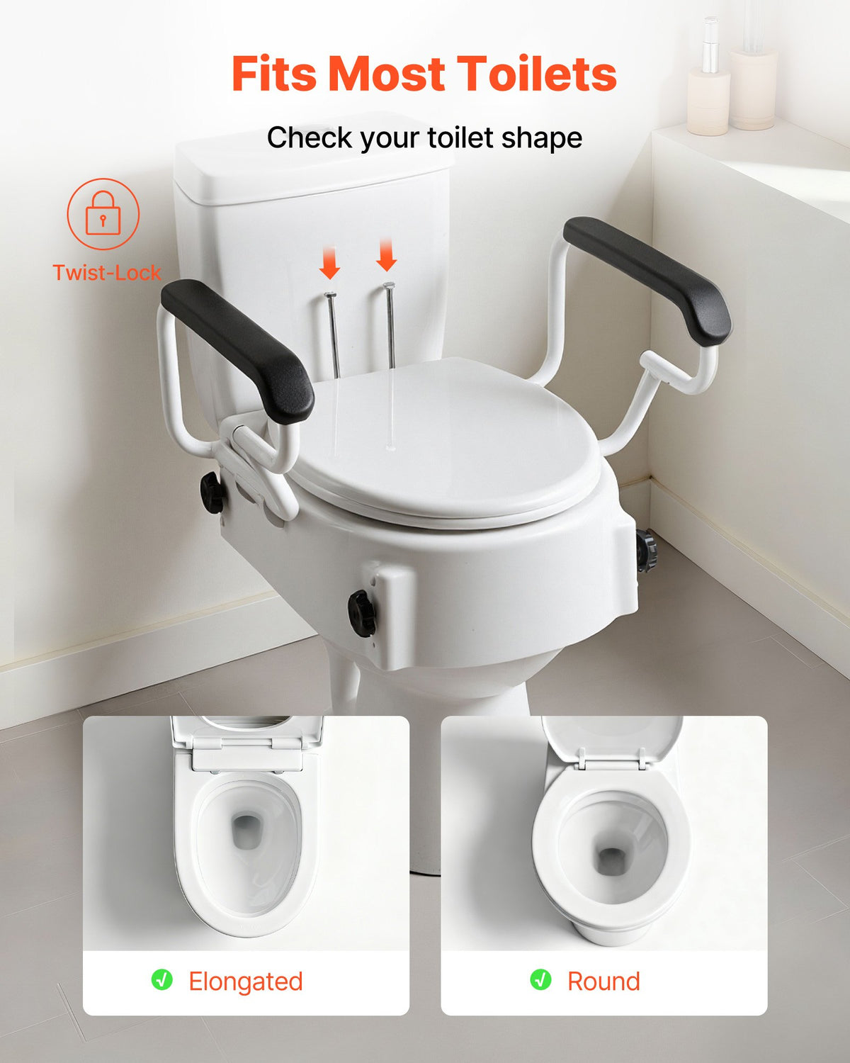 VEVOR Raised Toilet Seat with Arms, 300 lbs Load Capacity, 3-Level Adjustable Height, Widened Commode Elevated Toilet Seat Riser with Padded Handles for Seniors, Elderly, Handicap, Disabled, Adults - FSSFSJGMTZDDNO6QU001V0 - view 4