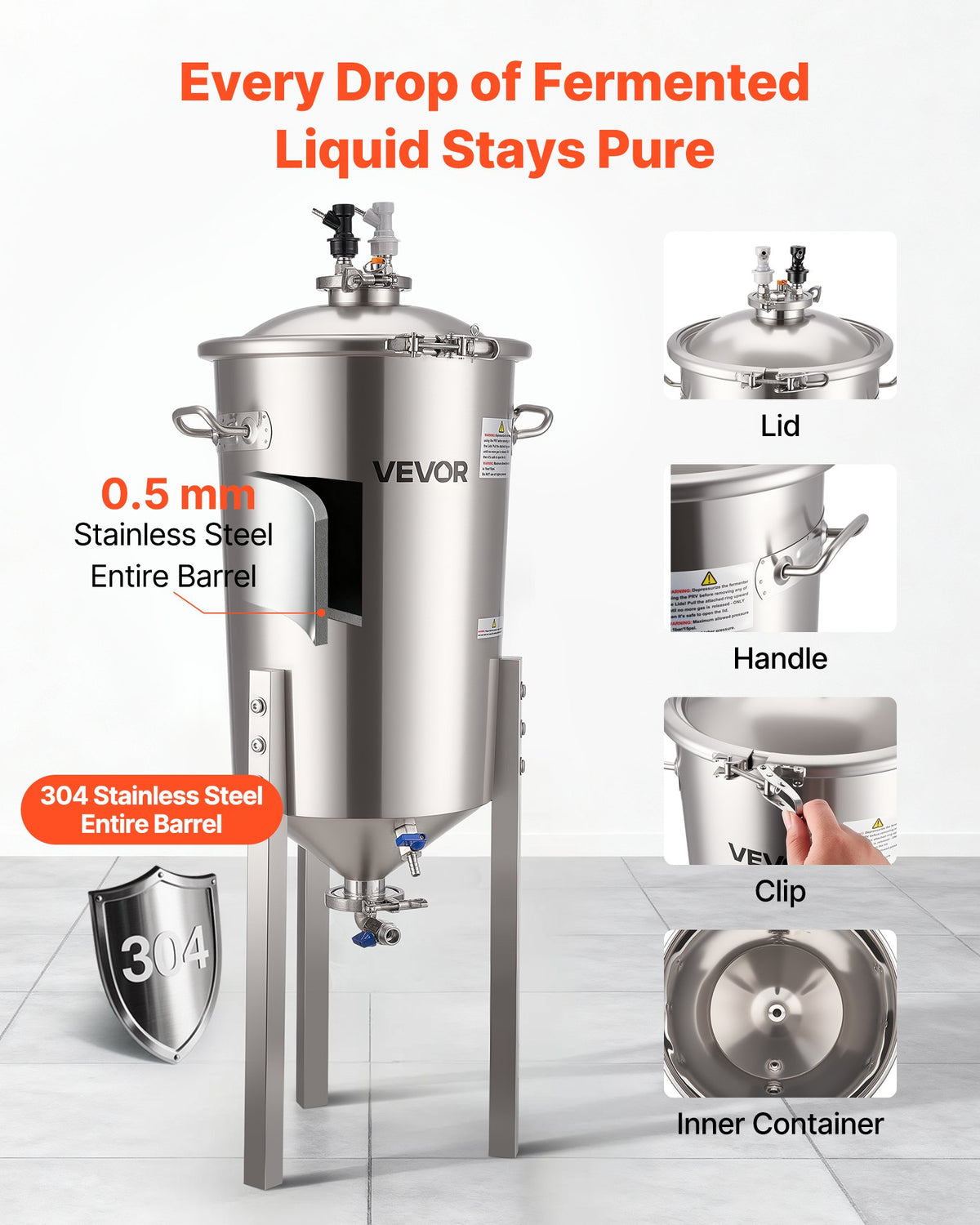 VEVOR Pressure Fermenter 15 PSI, 8 Gal/30L All-in-One Stainless Steel Conical Secondary Fermentation Bucket, for Wine, Beer Brewing Equipment