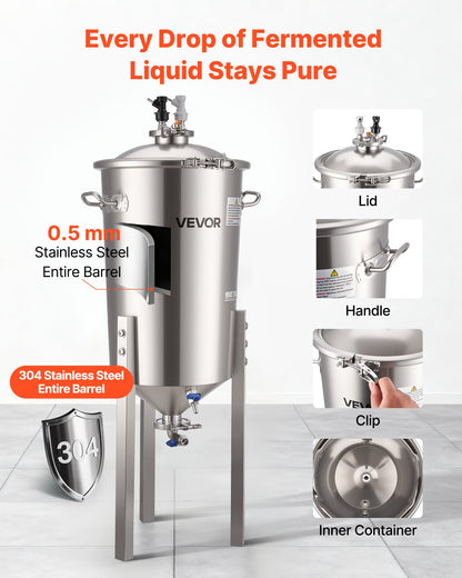 VEVOR Pressure Fermenter 15 PSI, 8 Gal/30L All-in-One Stainless Steel Conical Secondary Fermentation Bucket, for Wine, Beer Brewing Equipment