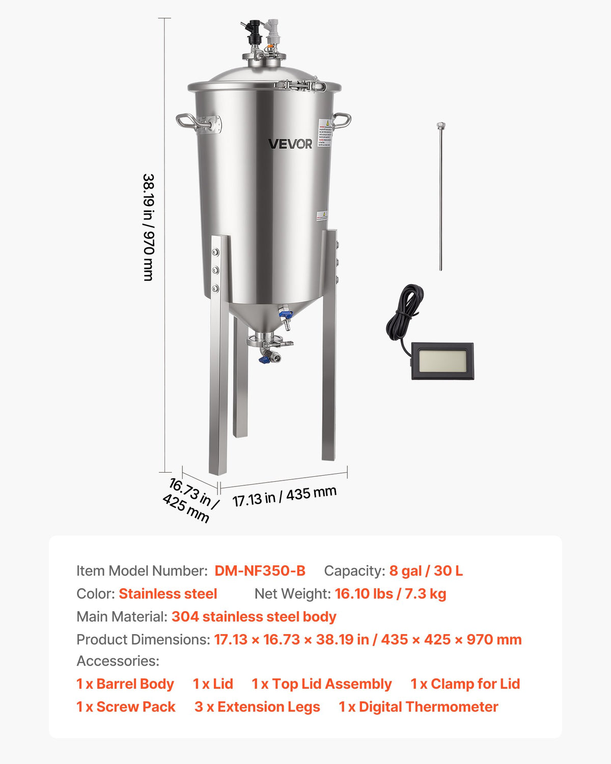 VEVOR Pressure Fermenter 15 PSI, 8 Gal/30L All-in-One Stainless Steel Conical Secondary Fermentation Bucket, for Wine, Beer Brewing Equipment