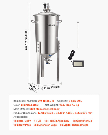 VEVOR Pressure Fermenter 15 PSI, 8 Gal/30L All-in-One Stainless Steel Conical Secondary Fermentation Bucket, for Wine, Beer Brewing Equipment