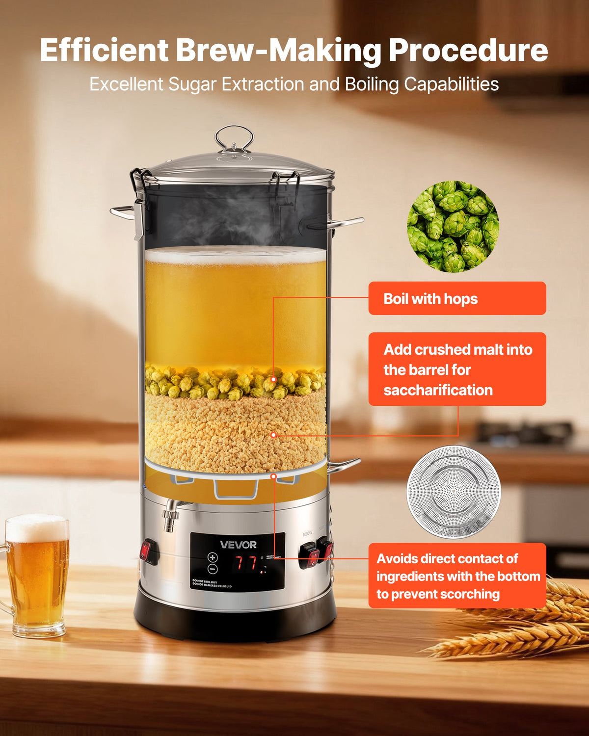 VEVOR Beer Brewing Equipment, 8 Gal/30L 304 Stainless Steel Home Beer Brewer,1500W All-in-One Home Brewing Kit with Tall strainer, Integrated Inner Barrel & Reinforced Handle
