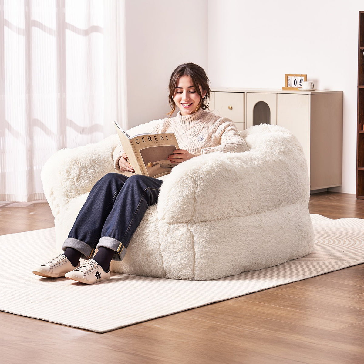 VEVOR Bean Bag Chair, BeanBag Sofa Chair with Armrests for Adults, Fluffy Plush & High-Density Foam Filling Adult Bean Bag with Zapper, Comfy Lazy Sofa Chair Ideal for Living Room, Bedroom, Beige - FSYXCRDDY454MQO2DV0 - view 9