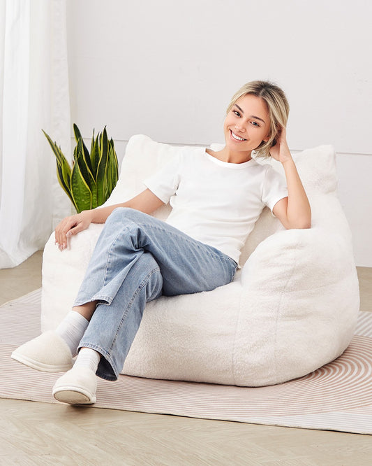 VEVOR Bean Bag Chair, 3 feet Bean Bag Chair with Soft Armrests and Storage Pocket, 25D Memory Foam Filled with Soft Teddy Velvet Cover, Bean Bag for Bedroom or Playroom, White - FSYXDDY3539IH8DQLV0 - view 1