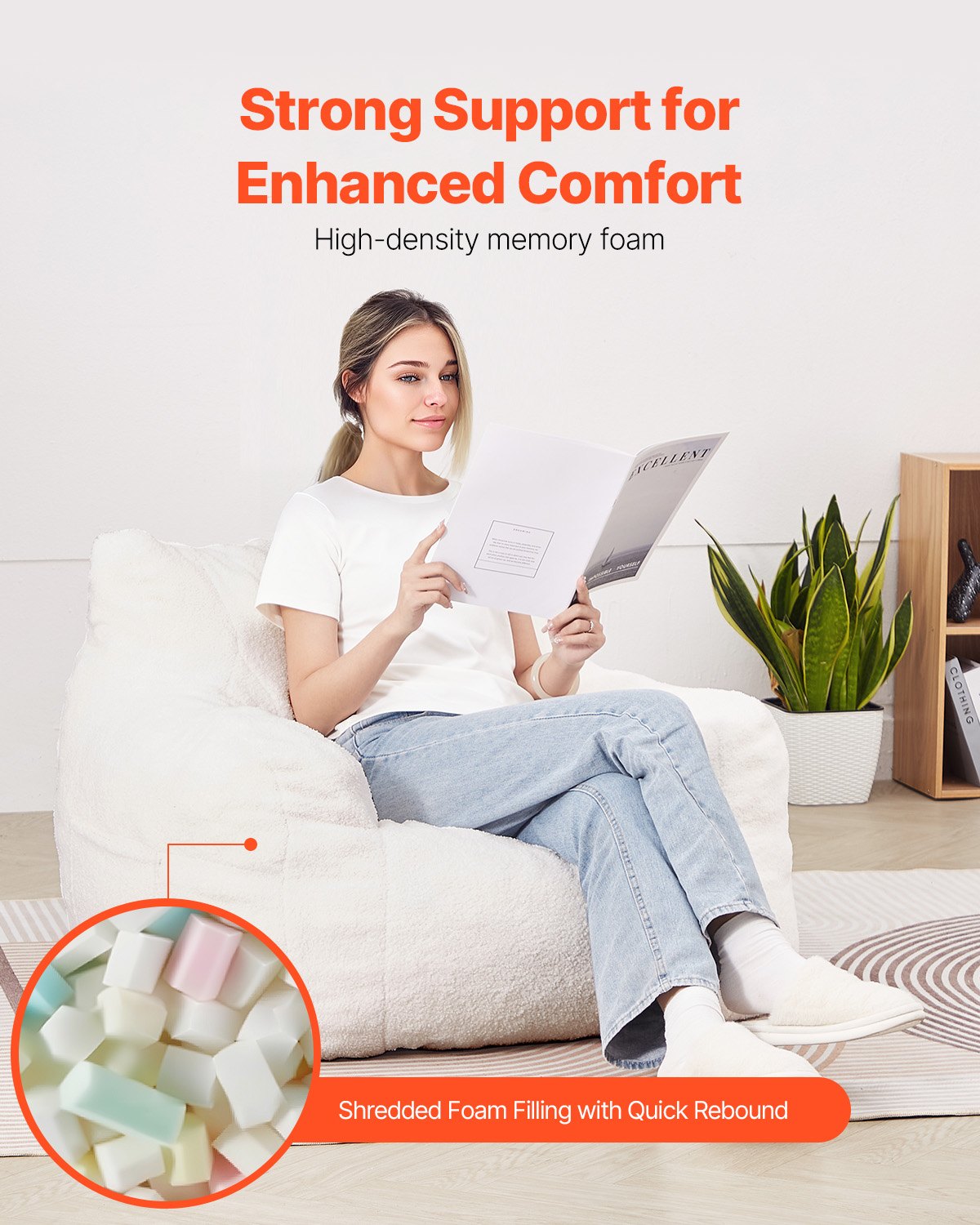 VEVOR Bean Bag Chair, 3 feet Bean Bag Chair with Soft Armrests and Storage Pocket, 25D Memory Foam Filled with Soft Teddy Velvet Cover, Bean Bag for Bedroom or Playroom, White - FSYXDDY3539IH8DQLV0 - view 5