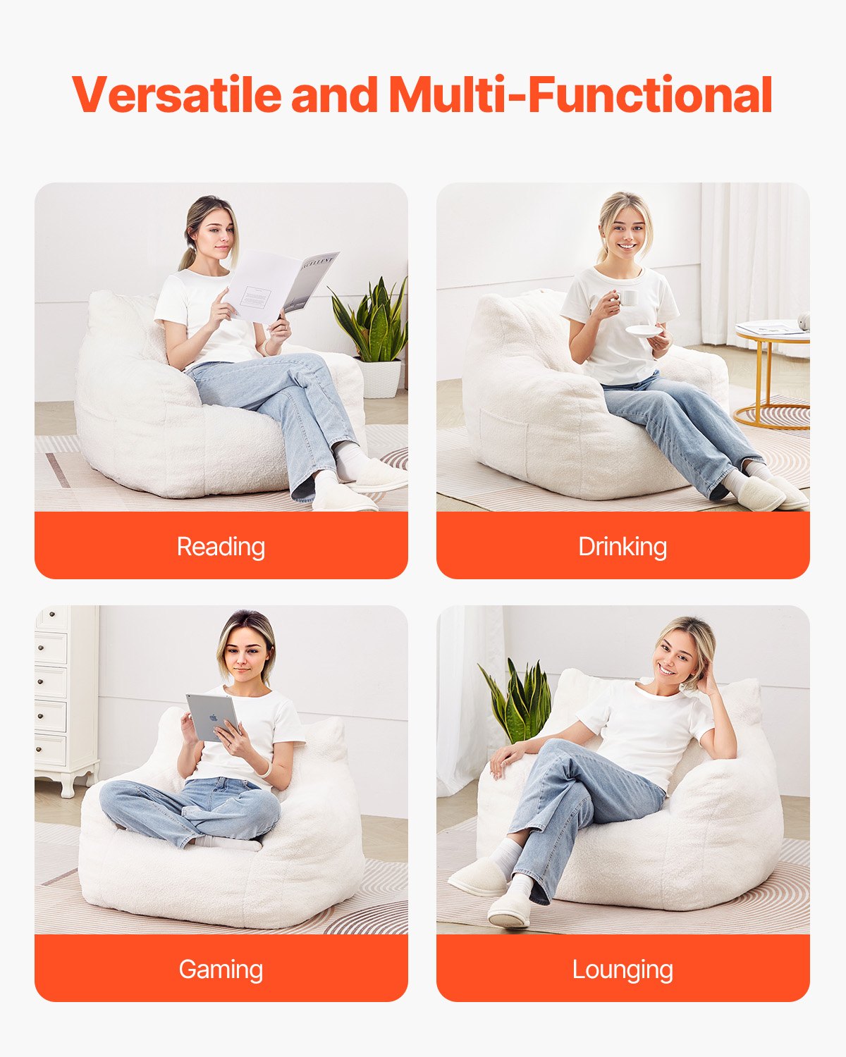 VEVOR Bean Bag Chair, 3 feet Bean Bag Chair with Soft Armrests and Storage Pocket, 25D Memory Foam Filled with Soft Teddy Velvet Cover, Bean Bag for Bedroom or Playroom, White - FSYXDDY3539IH8DQLV0 - view 8