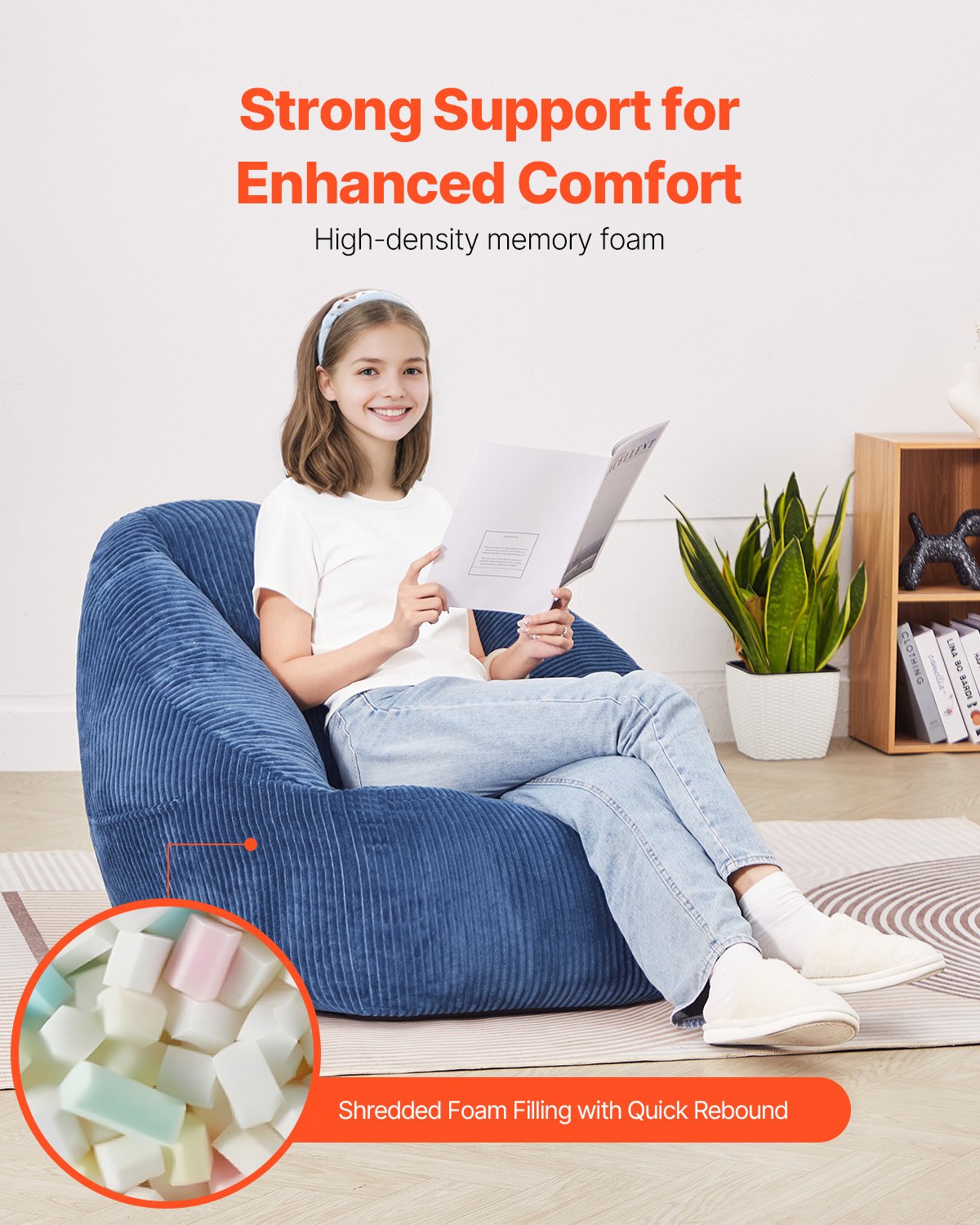 VEVOR Bean Bag Chair, 3 feet Bean Bag Chair with Soft Armrests and Storage Pocket, 25D Memory Foam Filled with Soft Teddy Velvet Cover, Bean Bag for Bedroom or Playroom, Blue - FSYXDDY3539ISF3TGV0 - view 5
