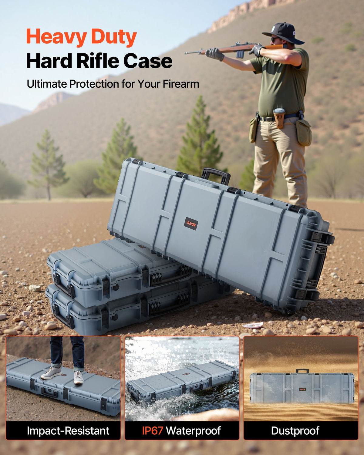 VEVOR Hard Rifle Case, Lockable Rifle Case with Pre-cut Foams, 52 in Gun Storage with Wheels, Heavy Duty IP67 Waterproof & Dustproof Pistol Storage Cases for Rifles, Shotguns, Airsoft Guns, Grey - FSYZBQH52415N8LQJ001V0 - view 3