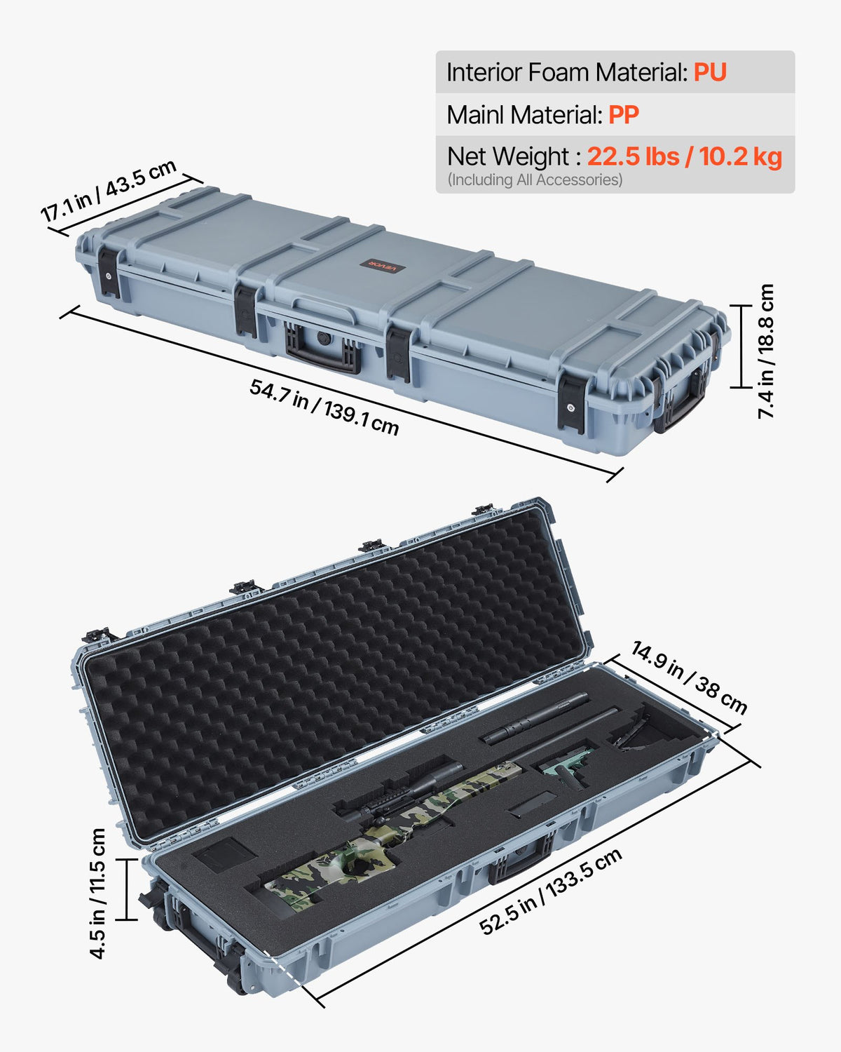 VEVOR Hard Rifle Case, Lockable Rifle Case with Pre-cut Foams, 52 in Gun Storage with Wheels, Heavy Duty IP67 Waterproof & Dustproof Pistol Storage Cases for Rifles, Shotguns, Airsoft Guns, Grey - FSYZBQH52415N8LQJ001V0 - view 4