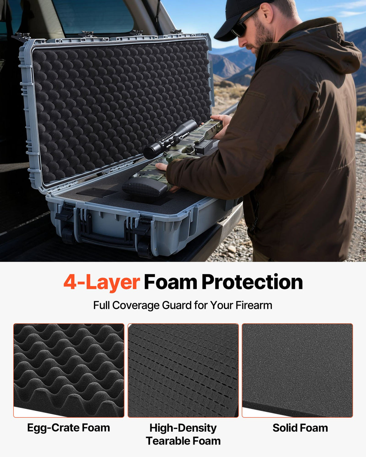VEVOR Hard Rifle Case, Lockable Rifle Case with Pre-cut Foams, 52 in Gun Storage with Wheels, Heavy Duty IP67 Waterproof & Dustproof Pistol Storage Cases for Rifles, Shotguns, Airsoft Guns, Grey - FSYZBQH52415N8LQJ001V0 - view 5