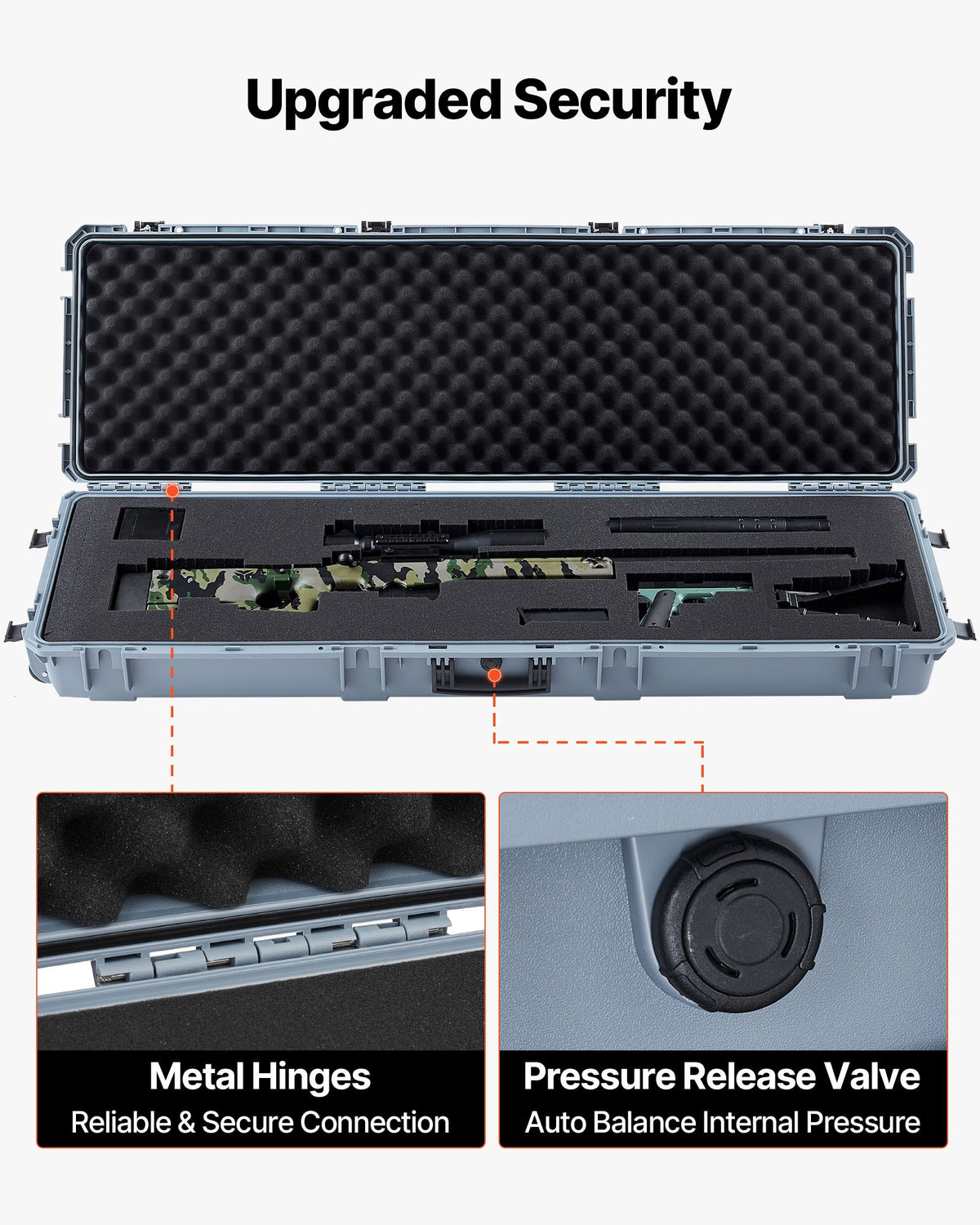 VEVOR Hard Rifle Case, Lockable Rifle Case with Pre-cut Foams, 52 in Gun Storage with Wheels, Heavy Duty IP67 Waterproof & Dustproof Pistol Storage Cases for Rifles, Shotguns, Airsoft Guns, Grey - FSYZBQH52415N8LQJ001V0 - view 7