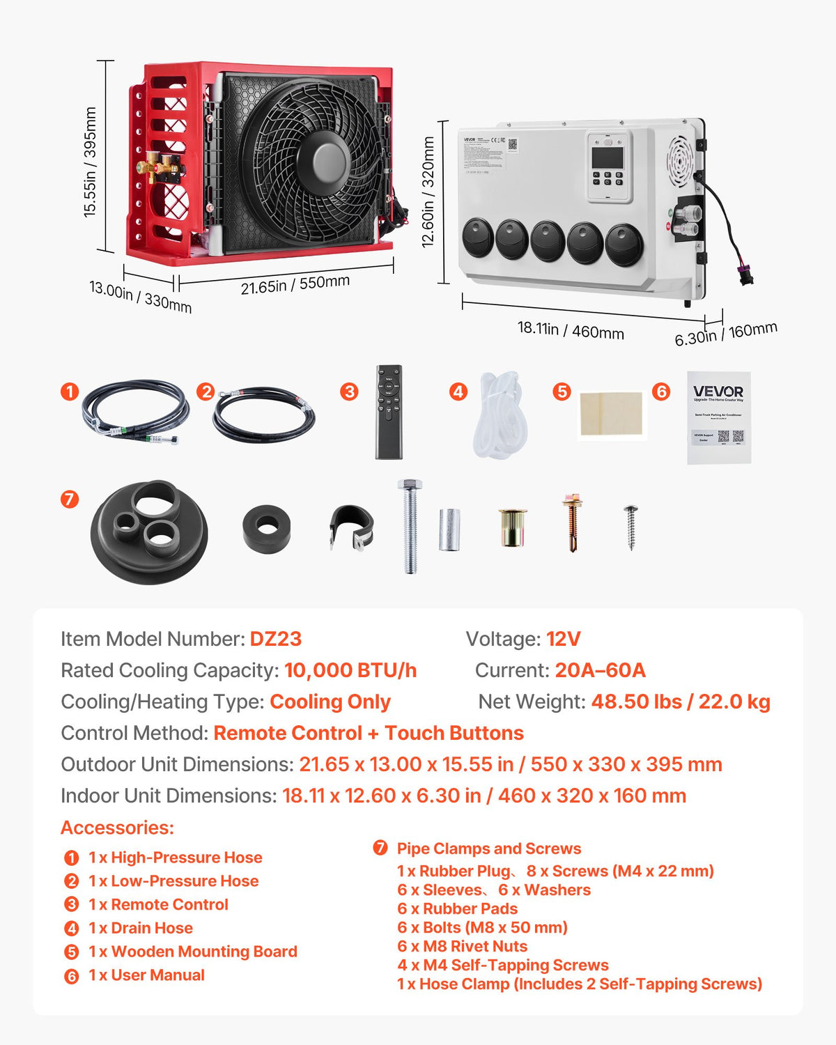 VEVOR Truck Air Conditioner, 12V 10000 BTU Mini Split AC Unit, 400 m³/h Airflow Cab Air Conditioner, Quiet A/C Unit Fast Cooling for Semi Truck, Camper
