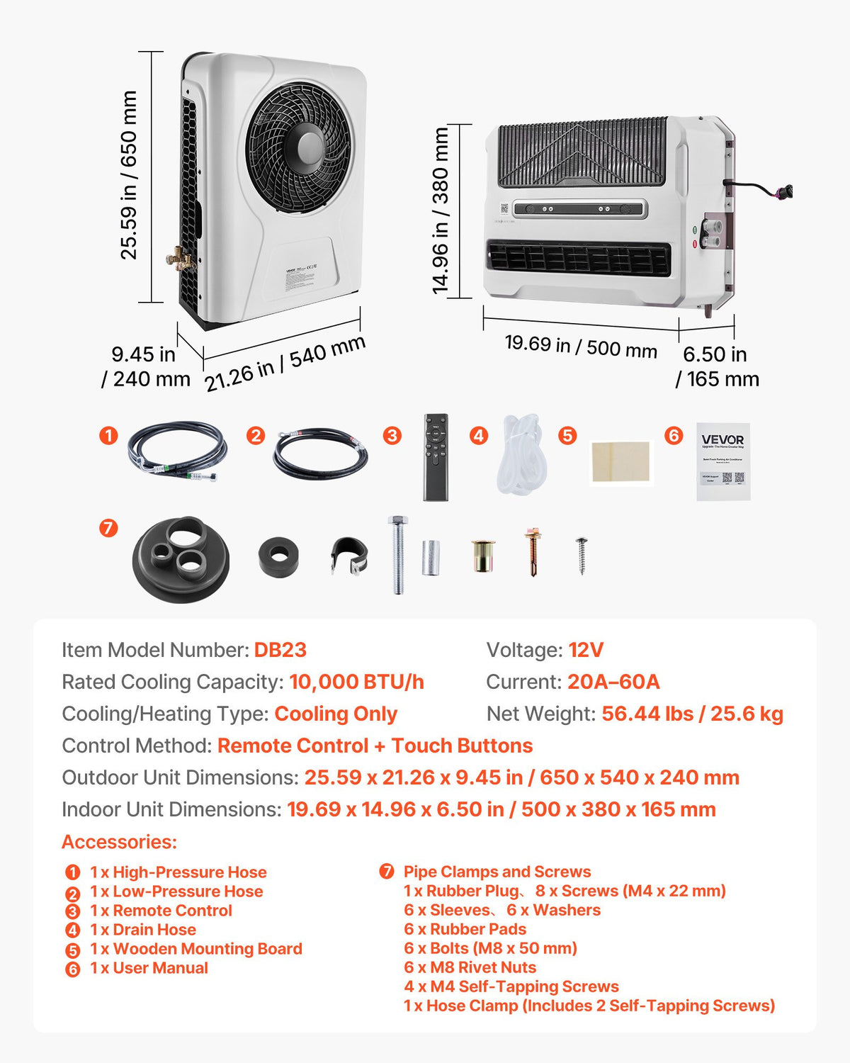 VEVOR Truck Air Conditioner, 12V 10000 BTU Mini Split AC Unit, 400 m³/h Airflow Cab Air Conditioner, Fast Cooling Low Noise for Semi Truck, Camper