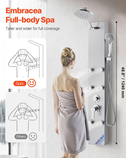 VEVOR Shower Panel Tower System with Rainfall Shower Head, 49 in Brushed Stainless Steel Shower Column, 3-Function Faucet