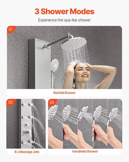 VEVOR Shower Panel Tower System with Rainfall Shower Head, 49 in Brushed Stainless Steel Shower Column, 3-Function Faucet