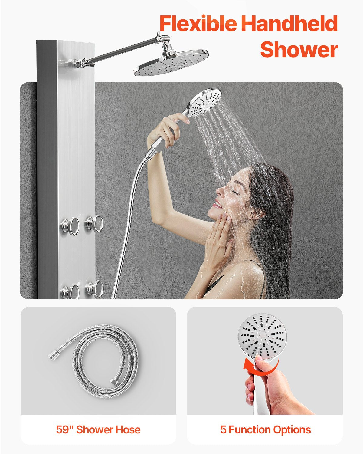 VEVOR Shower Panel Tower System with Rainfall Shower Head, 49 in Brushed Stainless Steel Shower Column, 3-Function Faucet