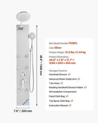 VEVOR Shower Panel Tower System with Rainfall Shower Head, 49 in Brushed Stainless Steel Shower Column, 3-Function Faucet