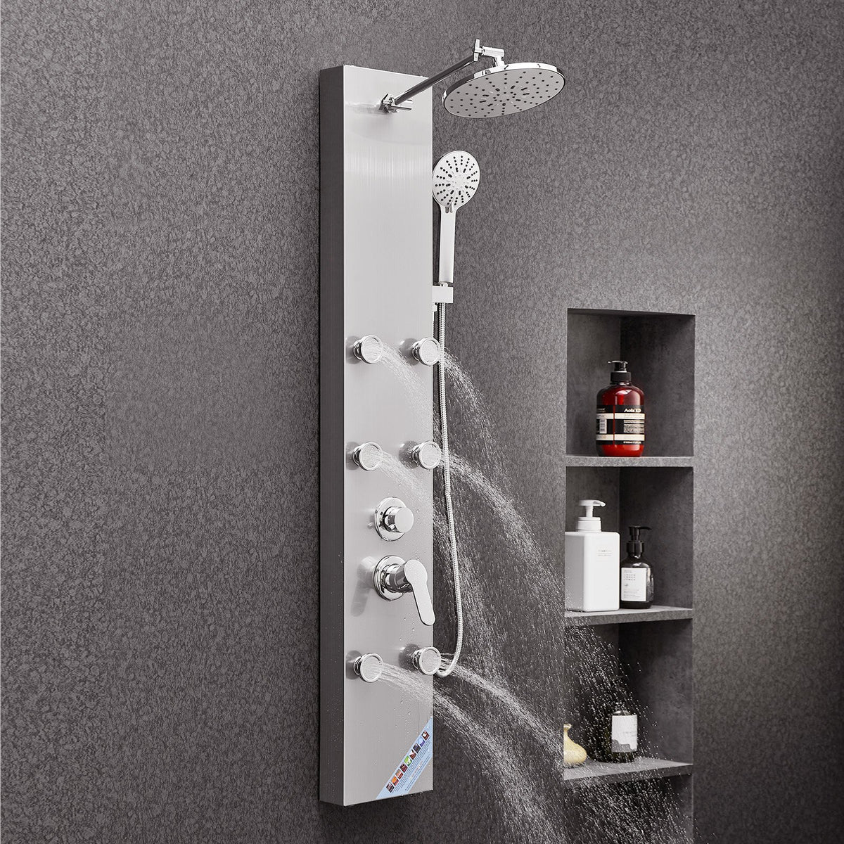 VEVOR Shower Panel Tower System with Rainfall Shower Head, 49 in Brushed Stainless Steel Shower Column, 3-Function Faucet