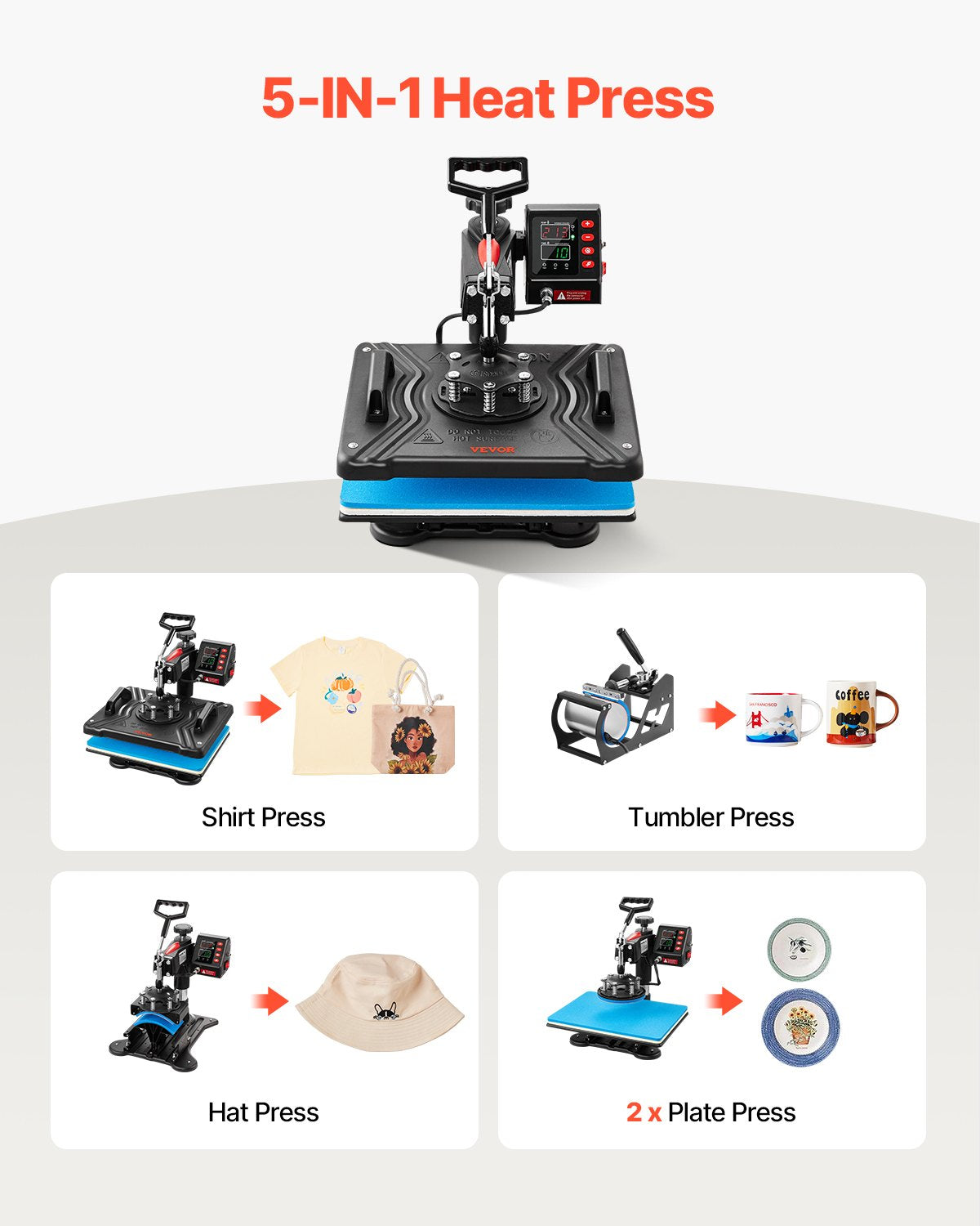 VEVOR Heat Press, 5 in 1 Heat Press 12x15 Machine Machine, Digital Precise Temperature Control, Clamshell Sublimation Transfer Printer Fast Heat-up, Vinyl Heat Press for Mug Cup - FTSDG1215110V8DYRV1 - view 2