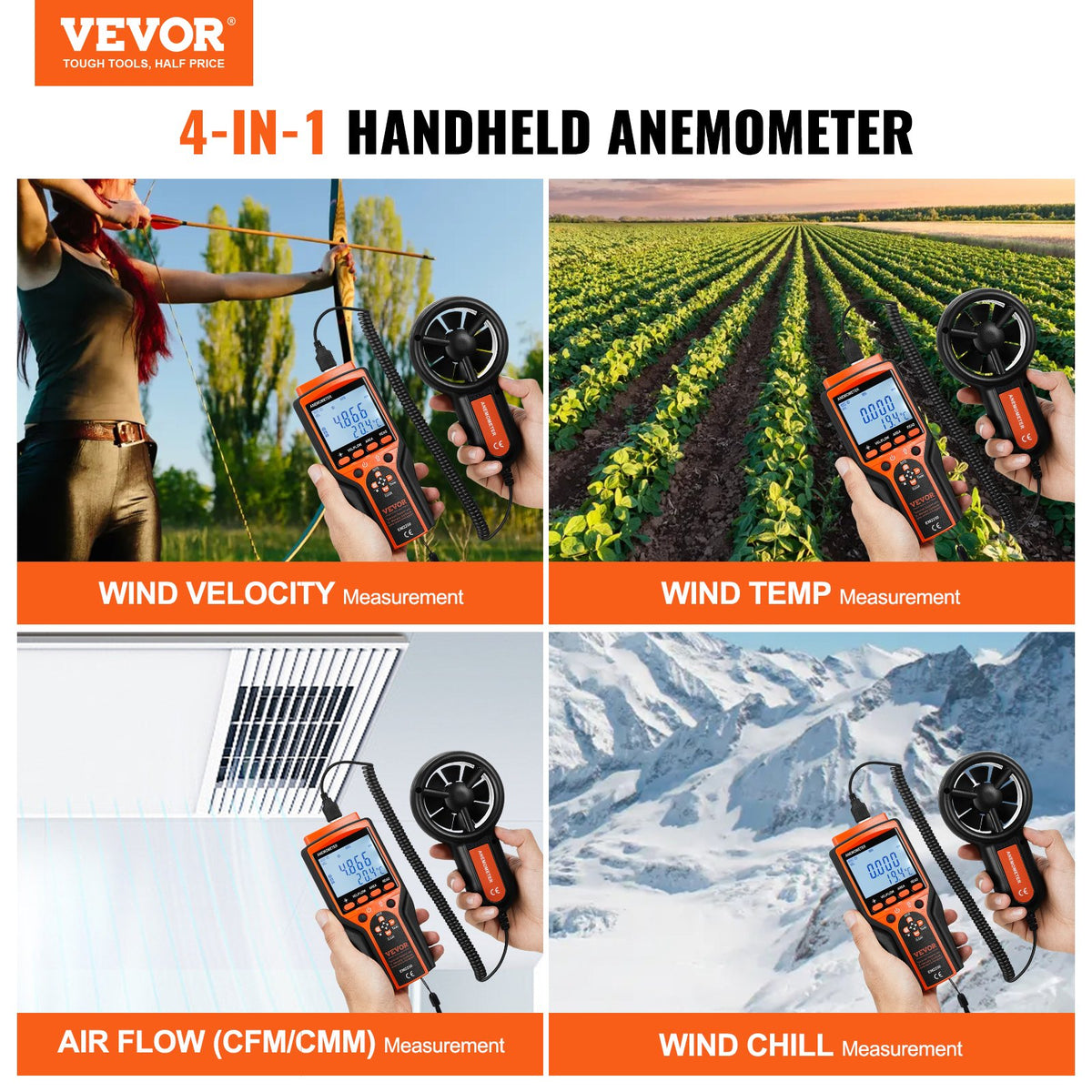 VEVOR Portable Anemometer Split Design, Temp Range 14℉-140℉, LED Screen Digital Air Speed & Temperature Meter, Wind Chill & Velocity Measurement, Ideal for Sailing, Surfing, - FTSFSJ6ZFSBXE0A0BV9 - view 2