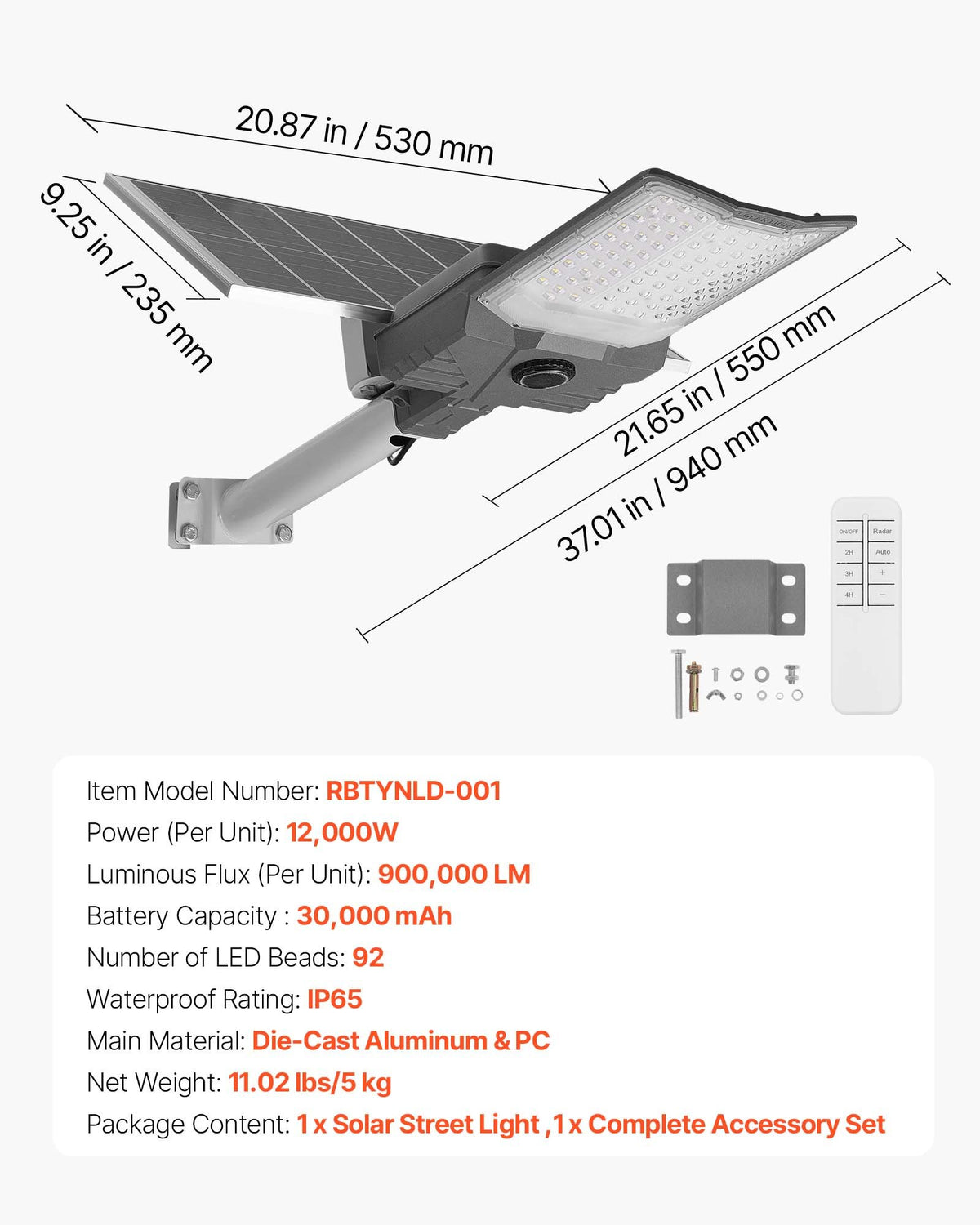 VEVOR 12000W Solar Street Light Outdoor, 900000LM, High Powered Commercial Parking Lot Light Dusk to Dawn, Split Type LED Flood Security Lamp with RF Remote Control, IP65 Waterproof, for Driveway Yard - FTSTYNLDHS122NVTQ001V9 - view 8
