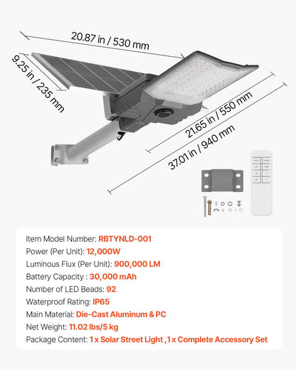 VEVOR 12000W Solar Street Light Outdoor, 900000LM, High Powered Commercial Parking Lot Light Dusk to Dawn, Split Type LED Flood Security Lamp with RF Remote Control, IP65 Waterproof, for Driveway Yard - FTSTYNLDHS122NVTQ001V9 - view 8