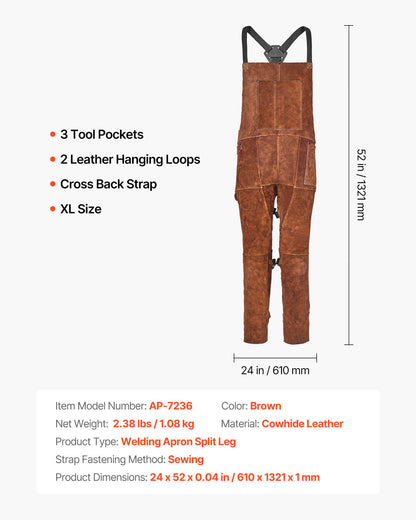 VEVOR Leather Welding Apron Split Leg, Heavy Duty Cowhide Flame Resistant Welding Pants for Men Women, Heat-Resistant Safety Apron with 3 Pockets for Woodworking, Gardening, Blacksmithing, XL-Size - FTWQFTWQNPFRF0HUL001V0 - view 8