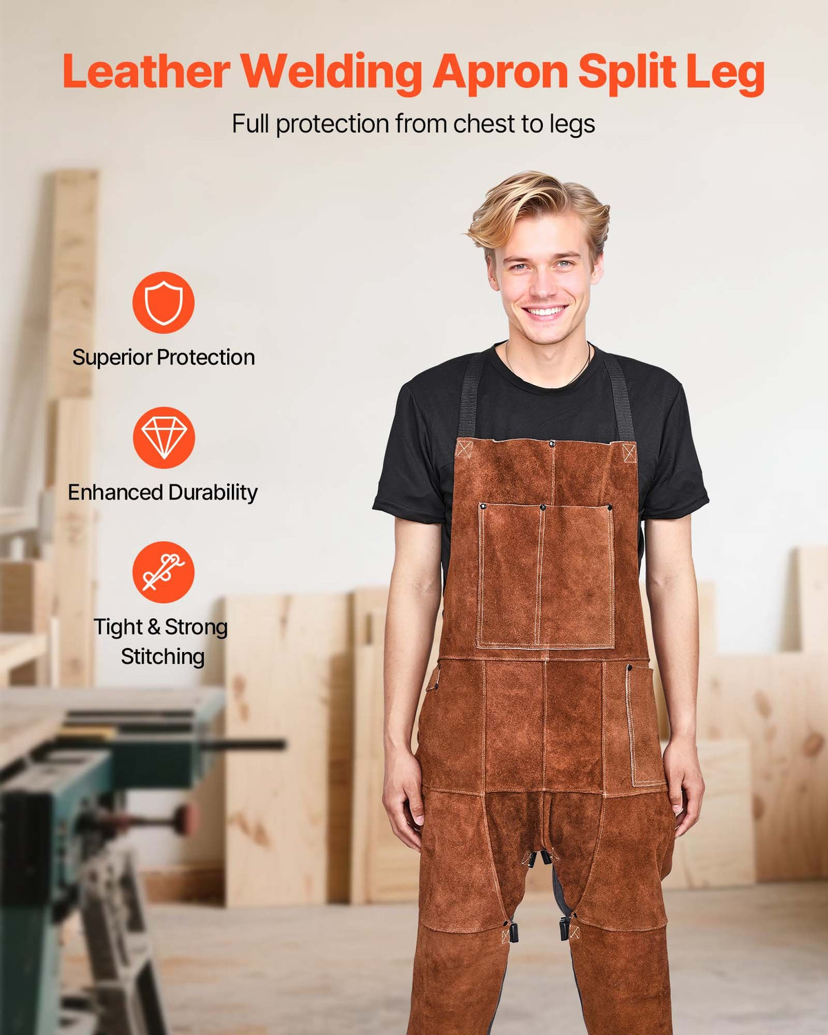 VEVOR Leather Welding Apron Split Leg, Heavy Duty Cowhide Flame Resistant Welding Pants for Men Women, Heat-Resistant Safety Apron with 3 Pockets for Woodworking, Gardening, Blacksmithing, L-Size - FTWQFTWQNPFRMFZ2F001V0 - view 3