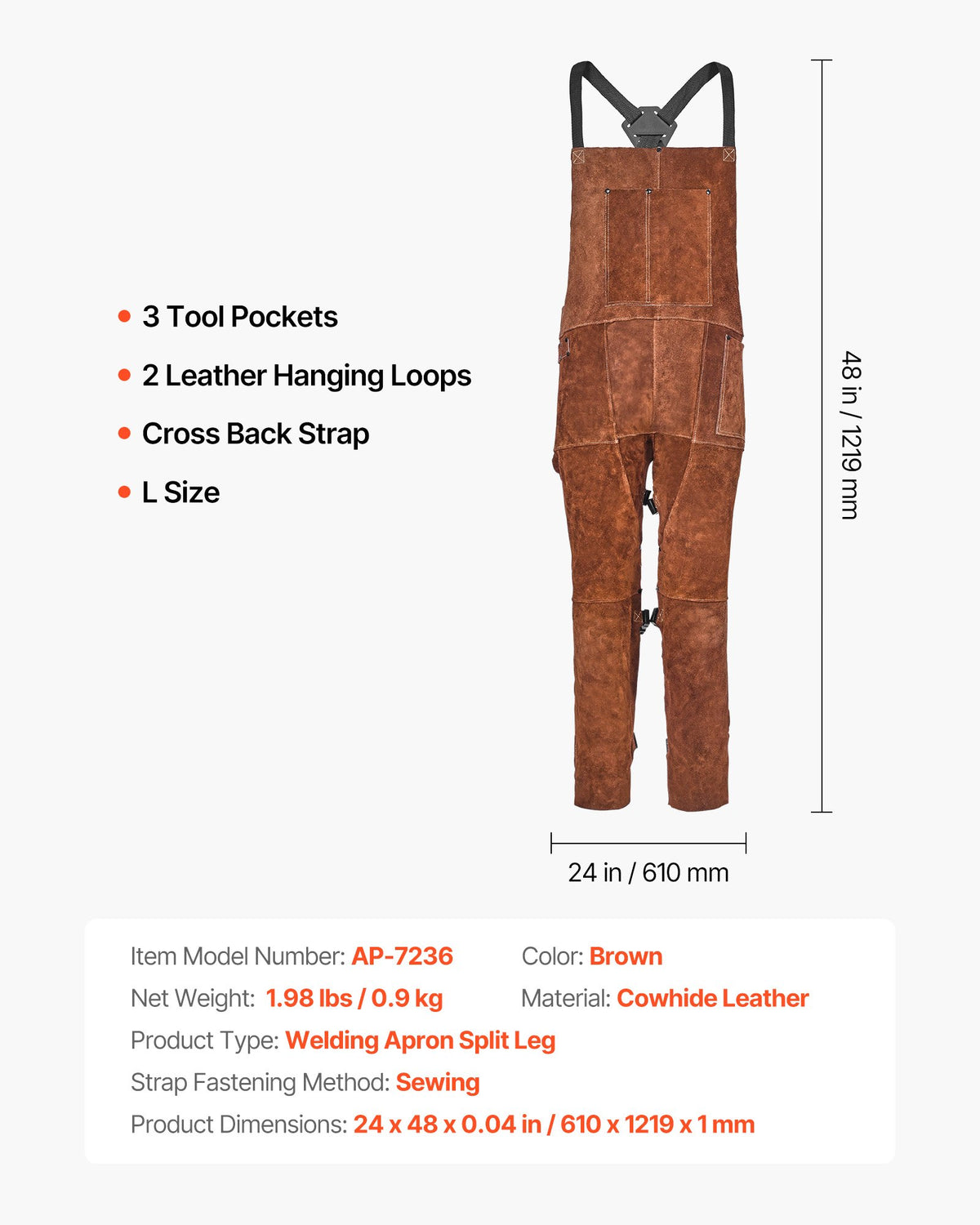 VEVOR Leather Welding Apron Split Leg, Heavy Duty Cowhide Flame Resistant Welding Pants for Men Women, Heat-Resistant Safety Apron with 3 Pockets for Woodworking, Gardening, Blacksmithing, L-Size - FTWQFTWQNPFRMFZ2F001V0 - view 8