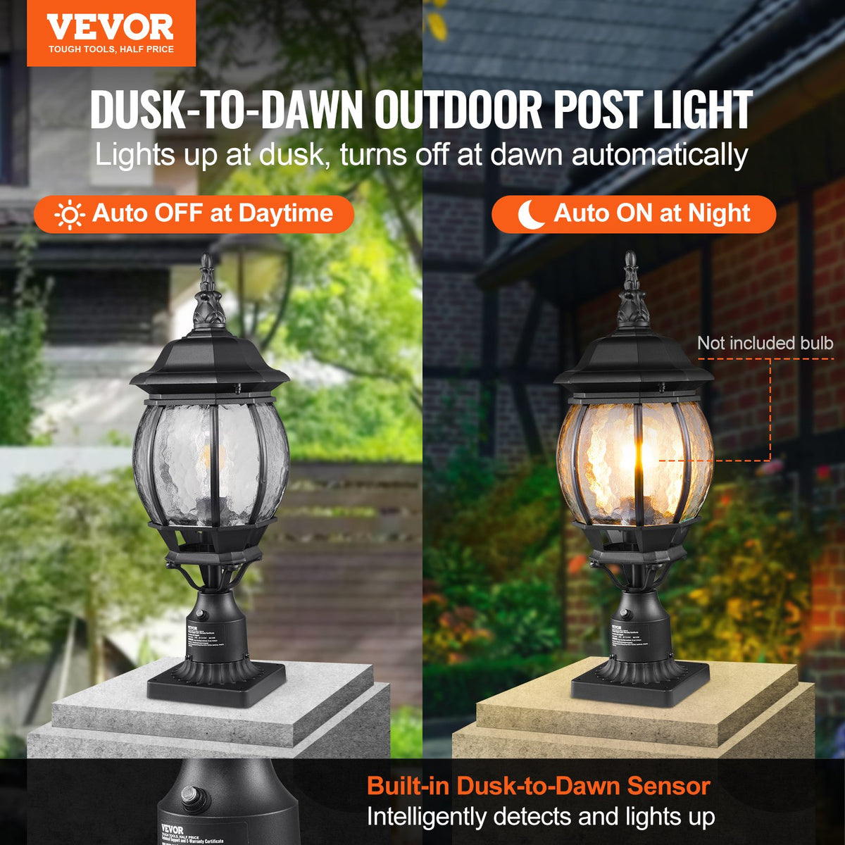 VEVOR 2 Pack Dusk to Dawn Outdoor Post Light, 20.87 in, Waterproof Lamp Post Light Fixtures with 5.5 in Pier Mount Base Glass Shade, Lightning-proof Exterior Pole Column Light for Patio Garden Pathway - FTYNHWZD2JZD98F8DV6 - view 3